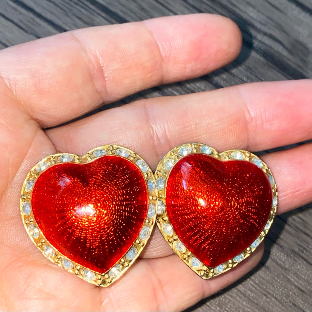 Victoria's Secret Earrings Heart Enamel Crystals Vintage Clip-On Bubble